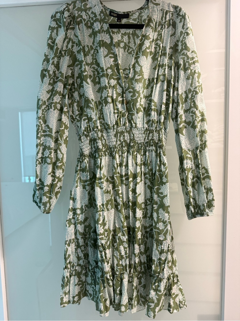 Maje Green Floral Smocked Waist Dress